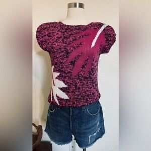 Vintage 80s Palm‎ Leaf Knit Sweater Top Magenta Black Indie Sleaze small